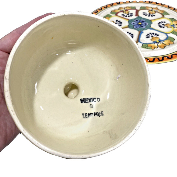 Unique Mexican Art Pottery Covered Dish Cheese Keeper Multicolor Mexico Folk Art - Picture 6 of 11